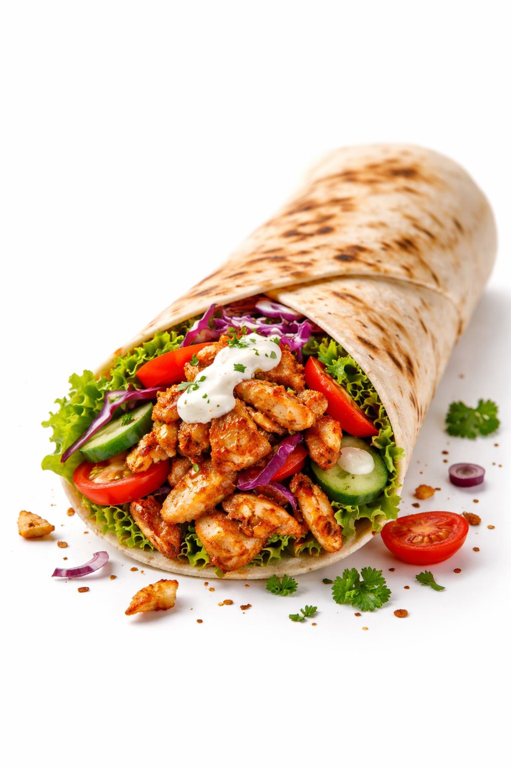Fresh shawarma wrap with seasoned chicken and vegetables at OBX Gyro